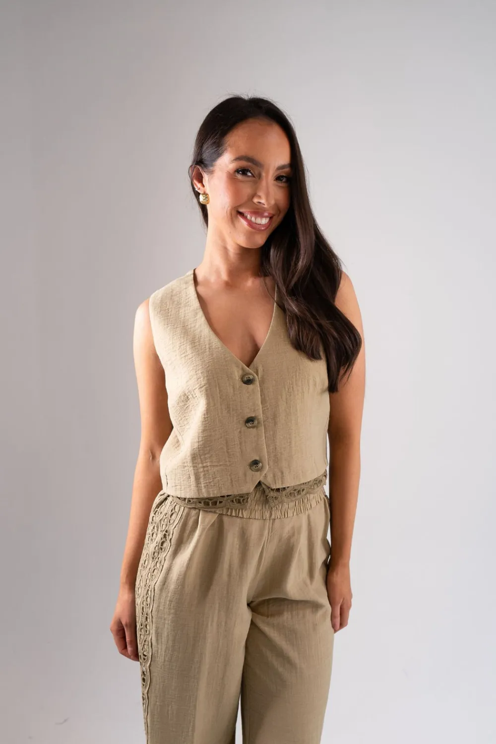 The Walk in Wardrobe Tops>Alana Cut Out Trim Waistcoat In Khaki