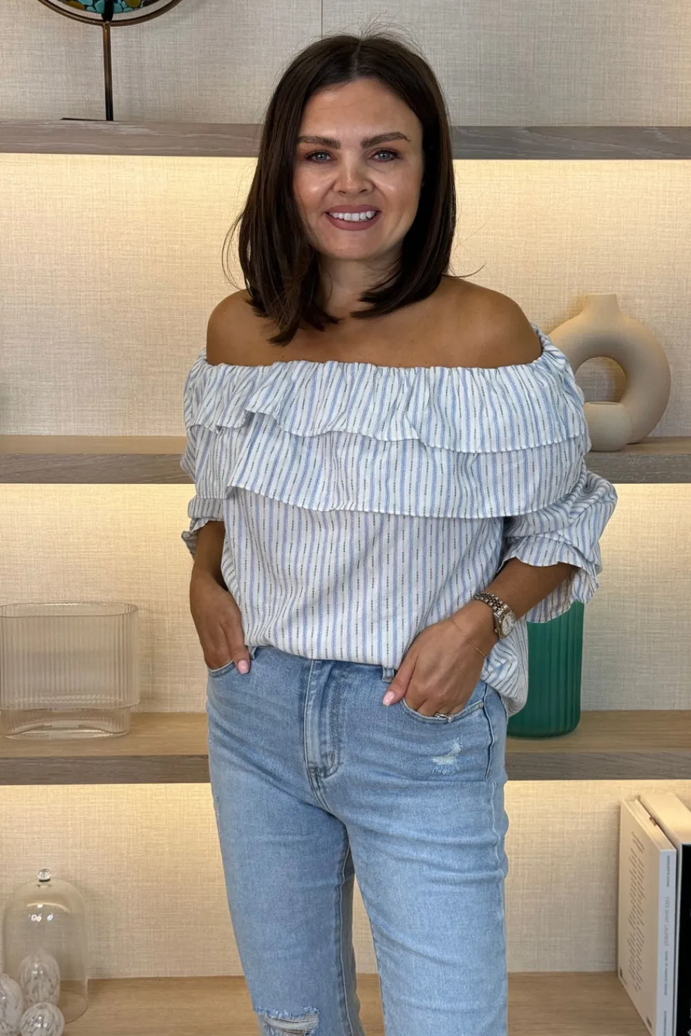 The Walk in Wardrobe Tops>Ally Bardot Stripe Top In Blue