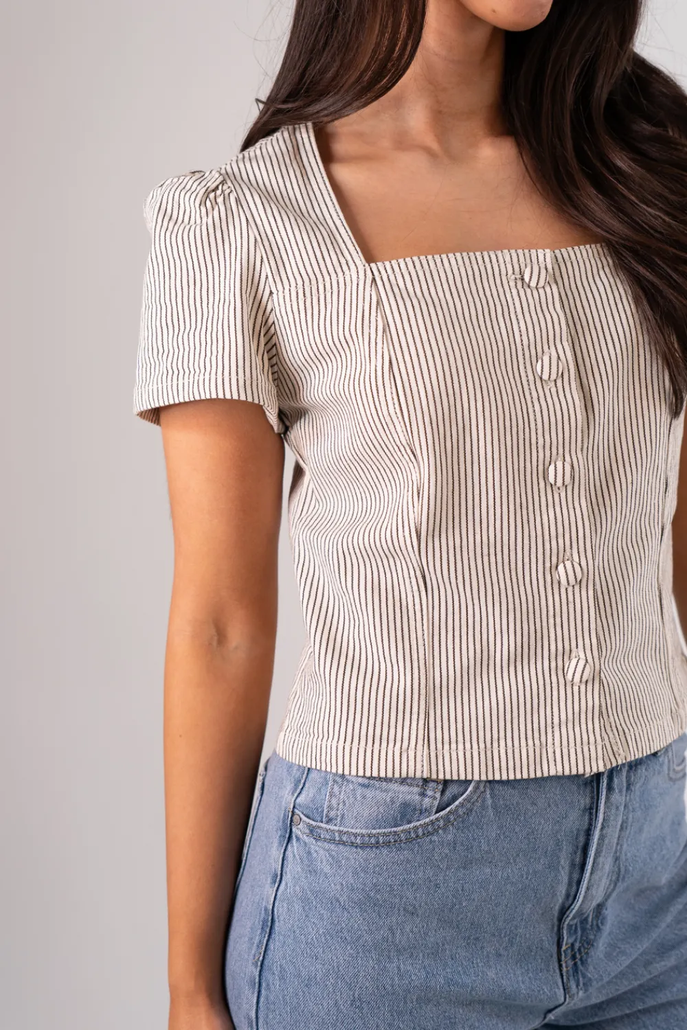 The Walk in Wardrobe Tops>Cindy Stripe Square Neck Top In Neutral