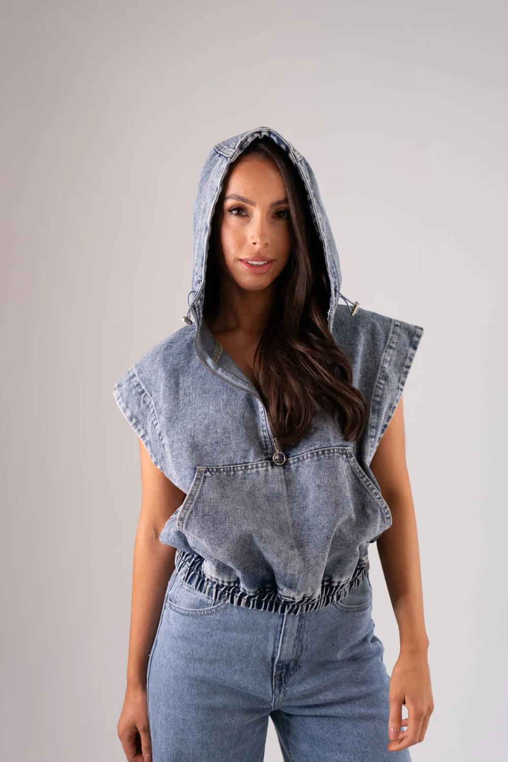 The Walk in Wardrobe Tops>Cora Denim Half Zip In Mid Wash