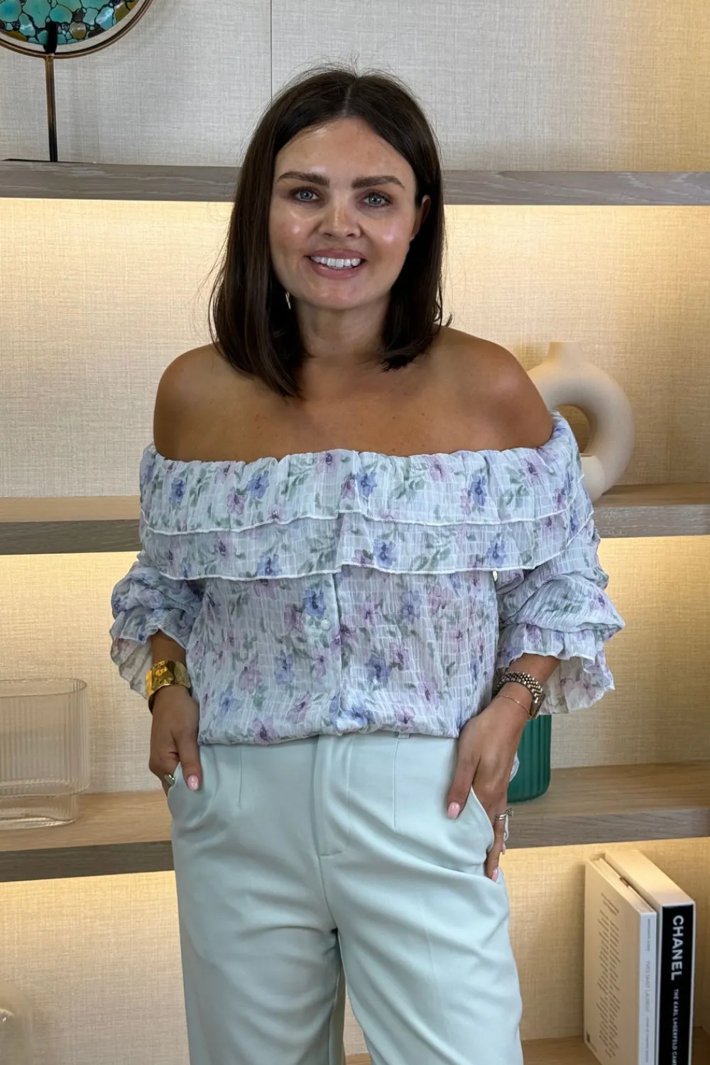 The Walk in Wardrobe Tops>Elsa Bardot Floral Top In Lilac Mix
