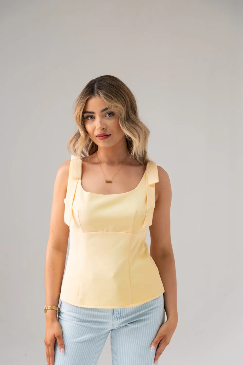 The Walk in Wardrobe Tops>Elsa Bow Strap Top In Lemon