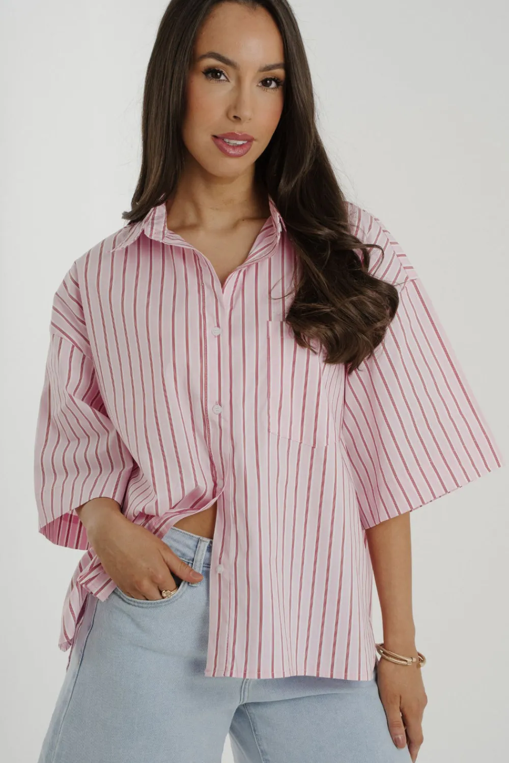 The Walk in Wardrobe Shirts>Elsa Stripe Short Sleeve Shirt In Pink