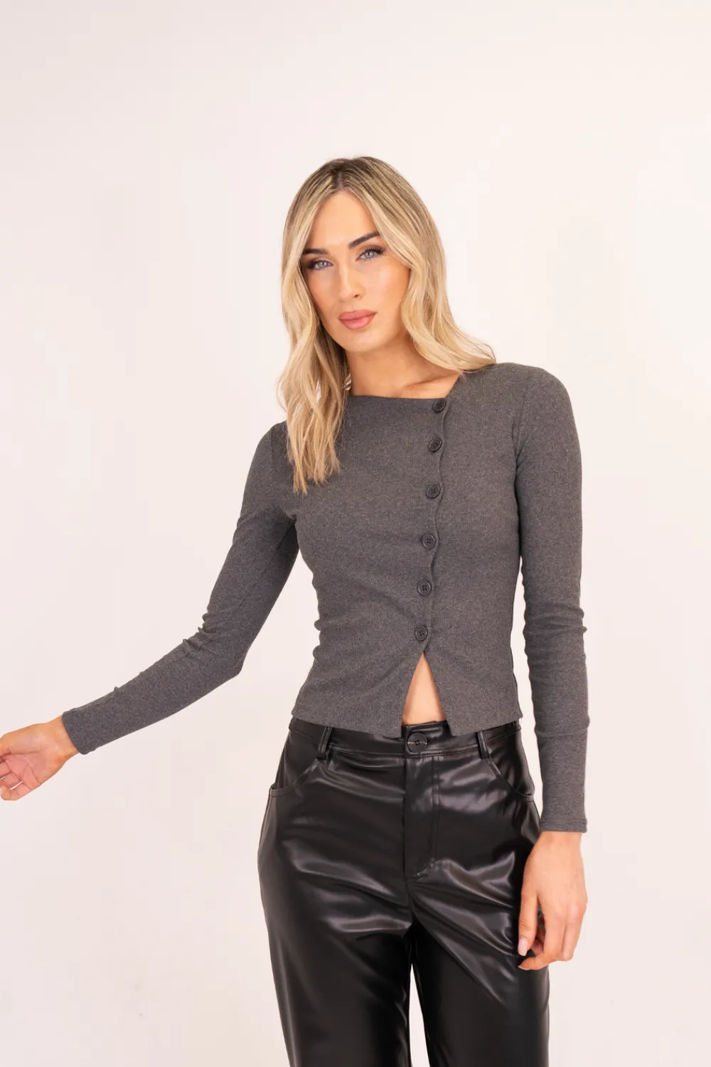 The Walk in Wardrobe Tops>Erica Asymmetric Button Top In Dark Grey