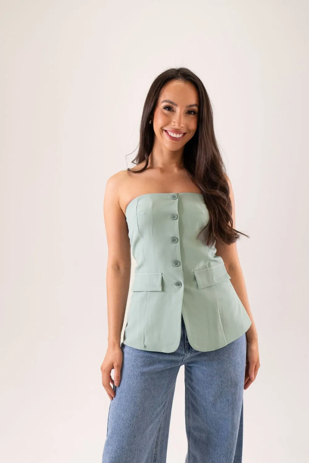 The Walk in Wardrobe Tops>Erica Button Front Strapless Top In Lemon
