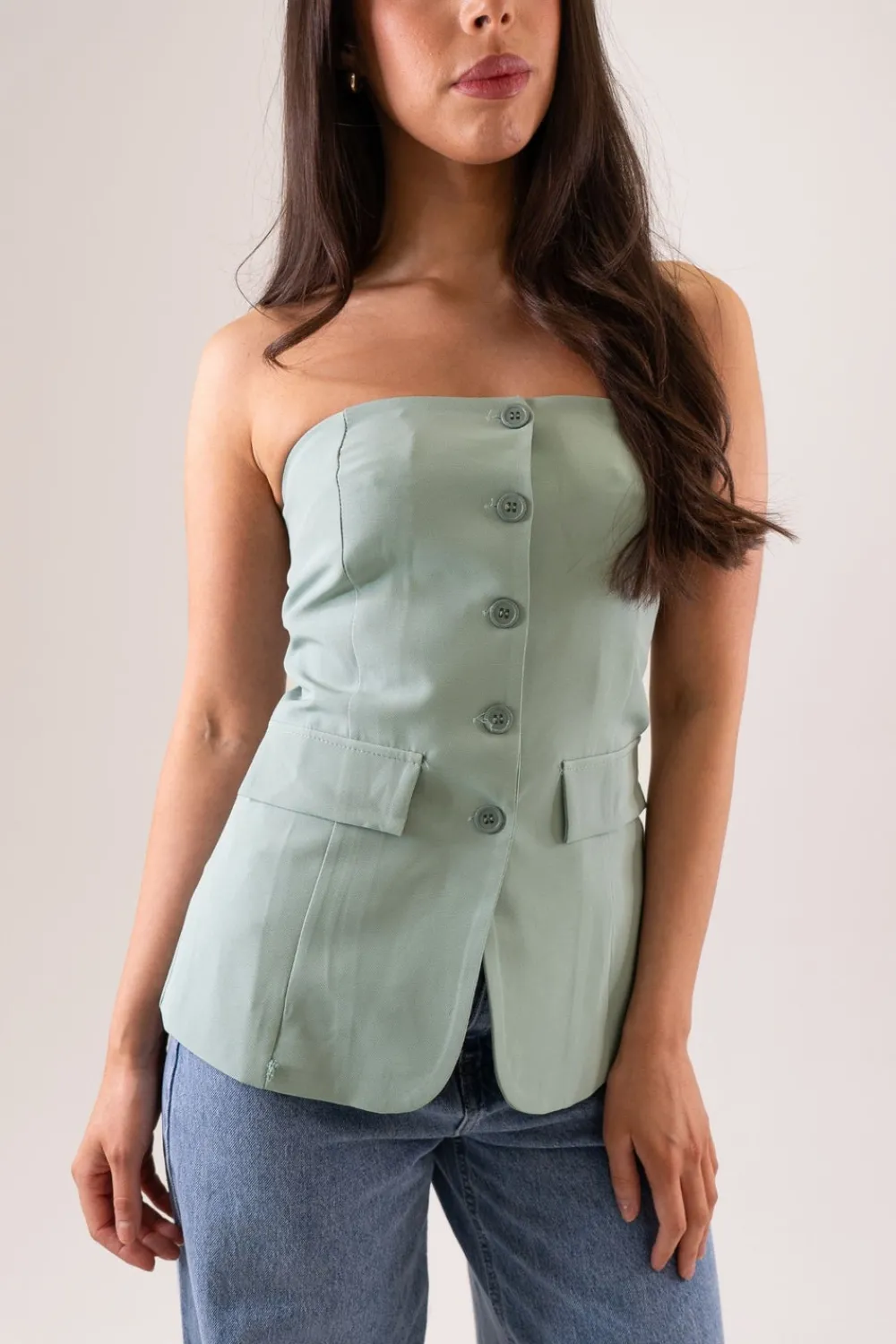 The Walk in Wardrobe Tops>Erica Button Front Strapless Top In Lemon