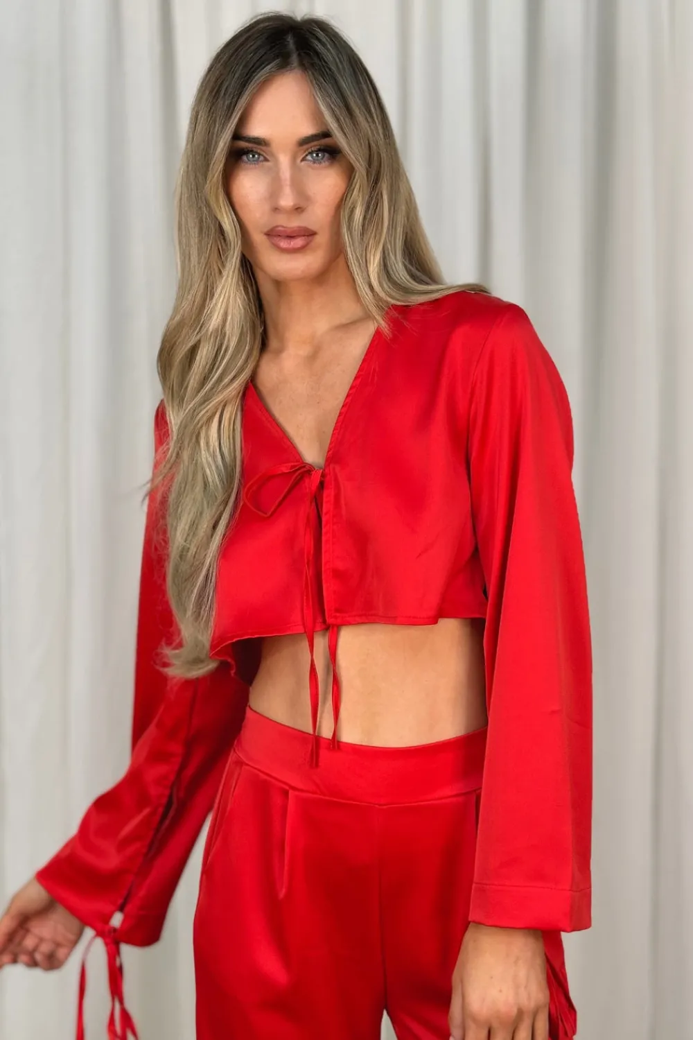 The Walk in Wardrobe Shirts>Erica Tie Front Satin Blouse In Red