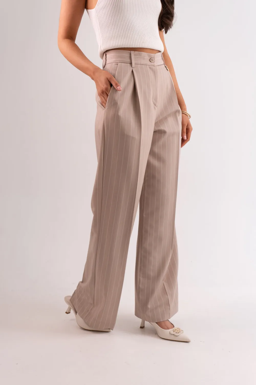 The Walk in Wardrobe Trousers>Faye Pinstripe Trousers In Sand