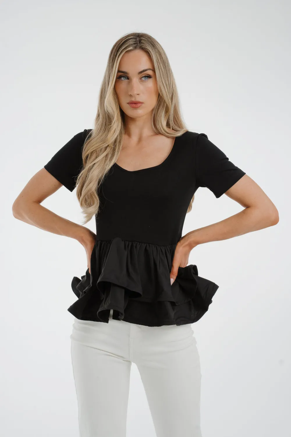 The Walk in Wardrobe Tops|T-Shirts>Holly Peplum Frill T-Shirt In White