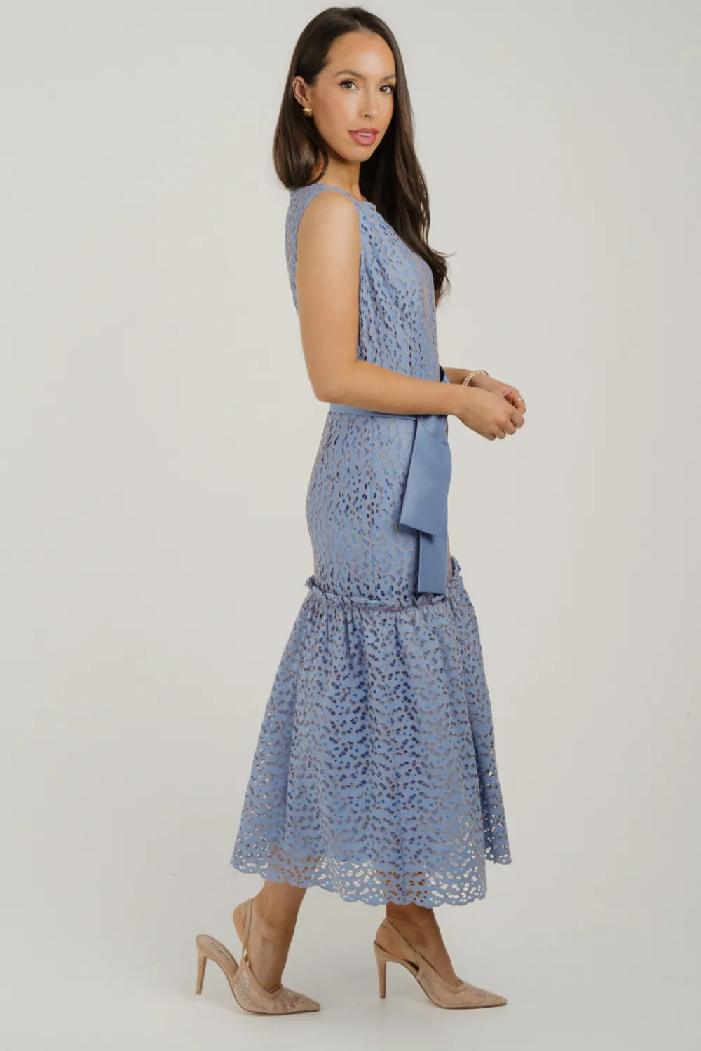 The Walk in Wardrobe Midi Dresses>Kayla Lace Overlay Dress In Blue