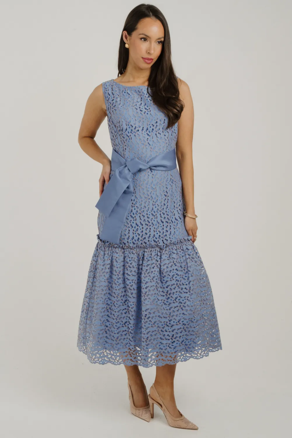 The Walk in Wardrobe Midi Dresses>Kayla Lace Overlay Dress In Blue
