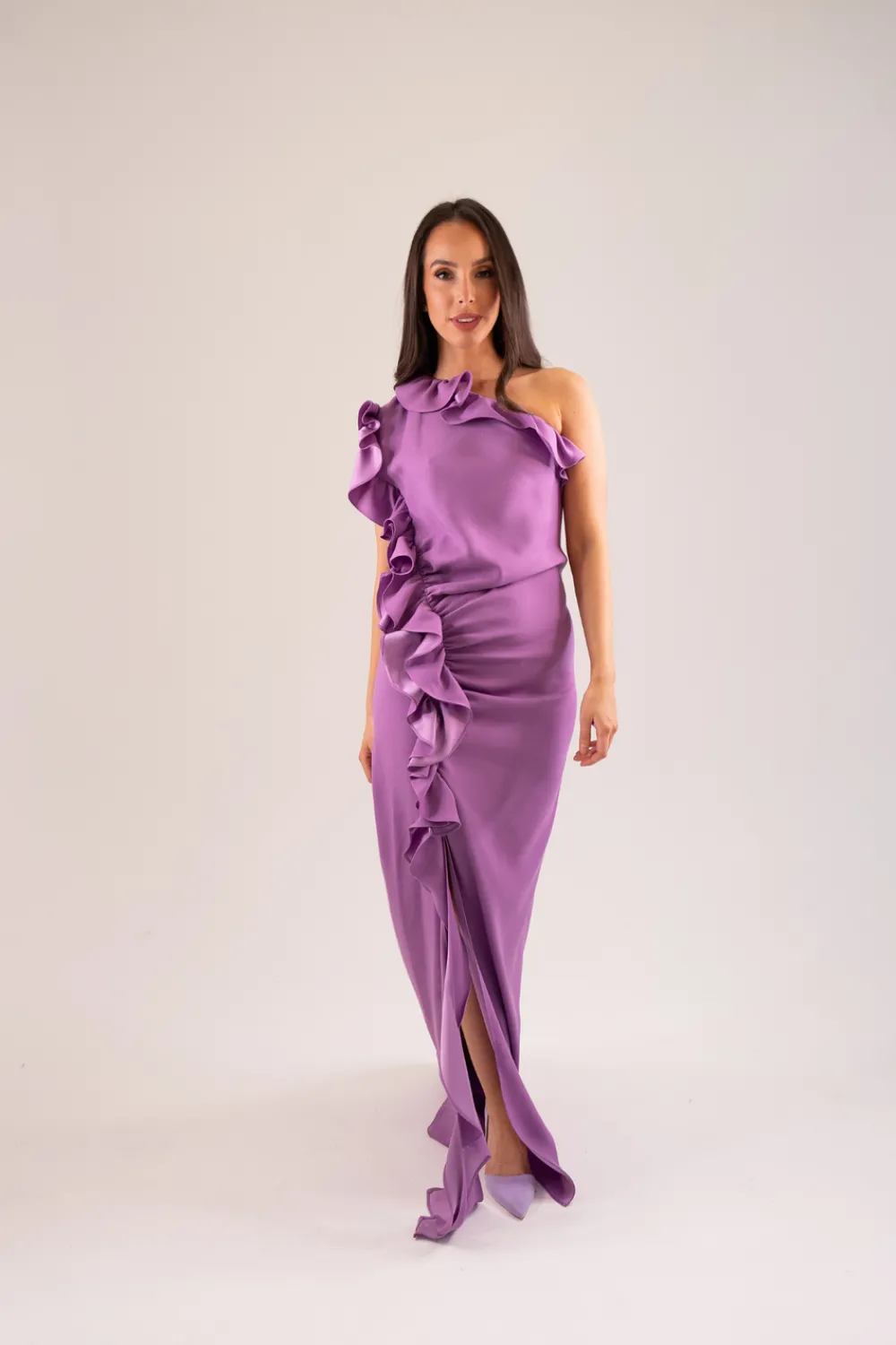 The Walk in Wardrobe Midi Dresses|Maxi Dresses>Kayla One Shoulder Ruffle Dress In Lavender