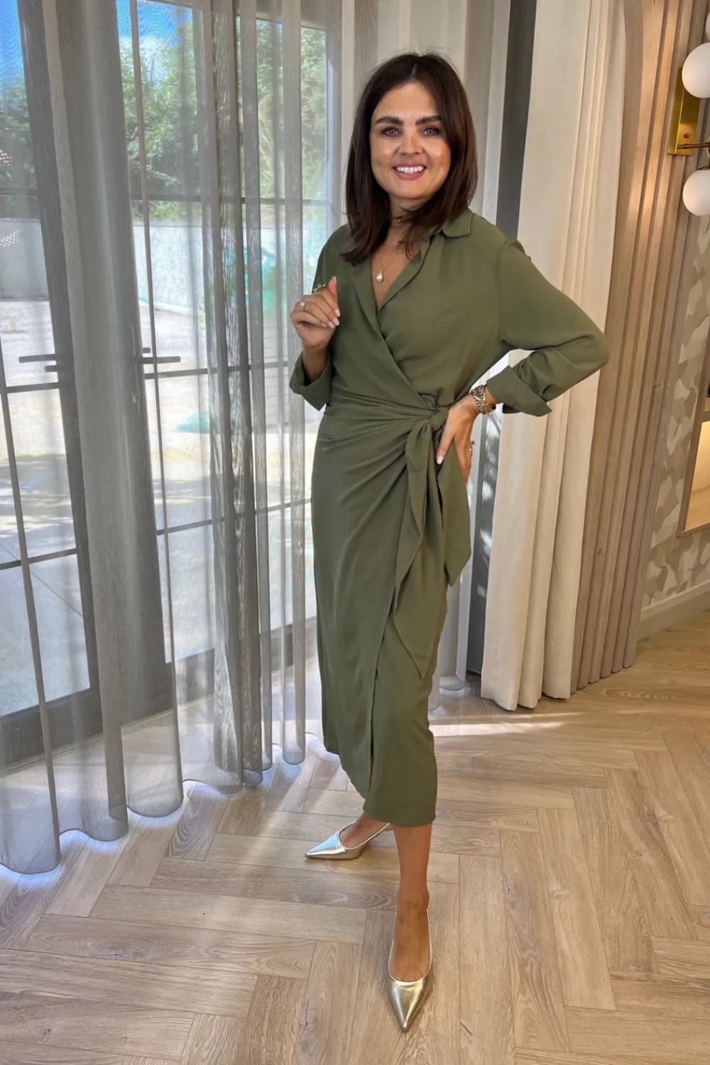 The Walk in Wardrobe Midi Dresses>Kendra Wrap Tie Waist Dress In Khaki