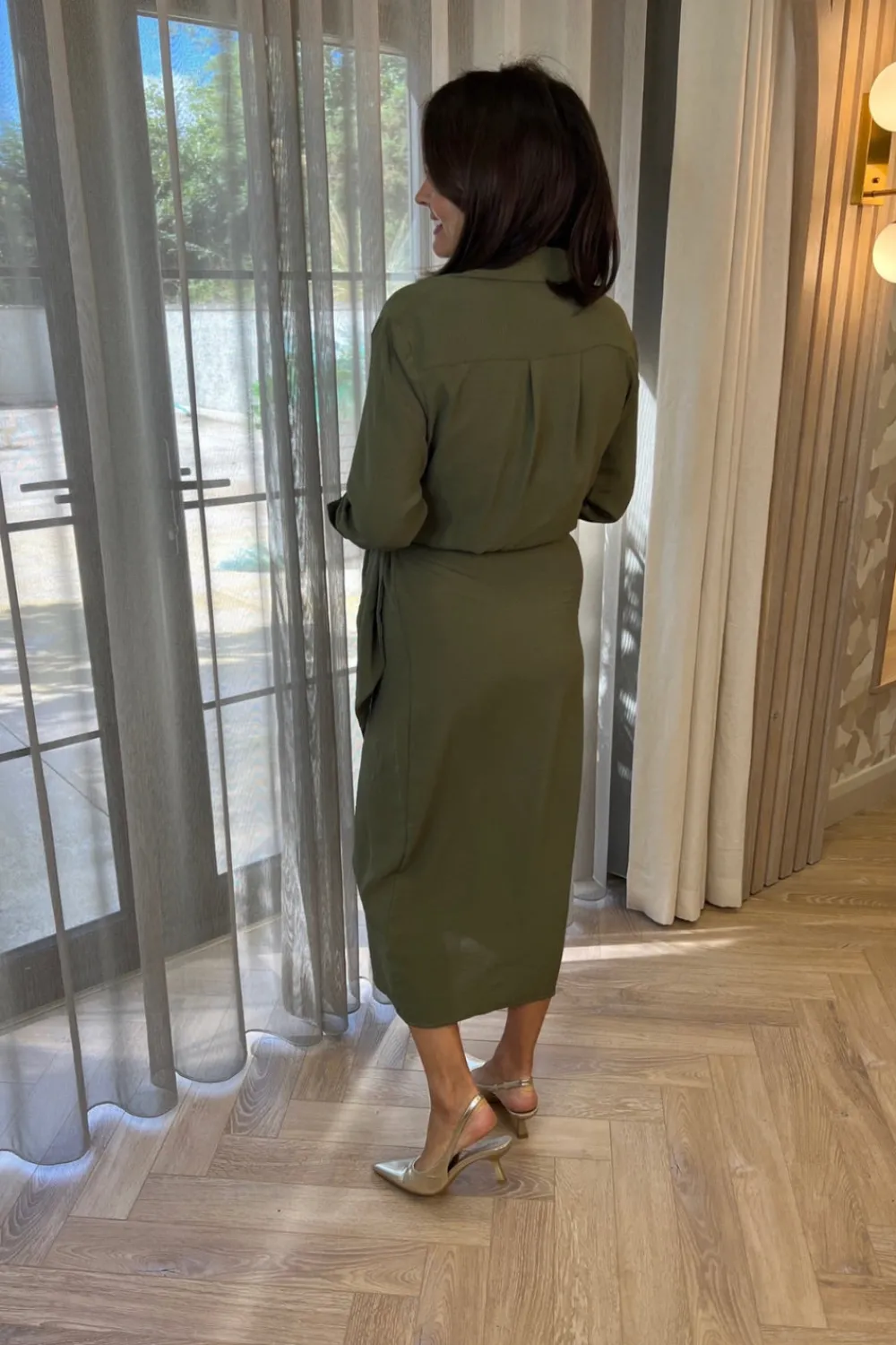 The Walk in Wardrobe Midi Dresses>Kendra Wrap Tie Waist Dress In Khaki