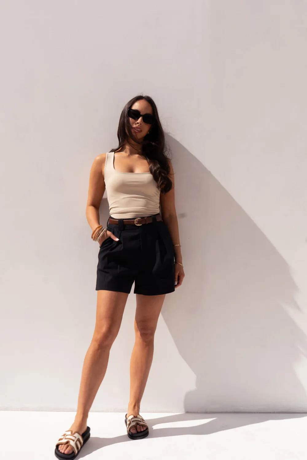 The Walk in Wardrobe Shorts>Kiera Pleat Front Shorts In Taupe