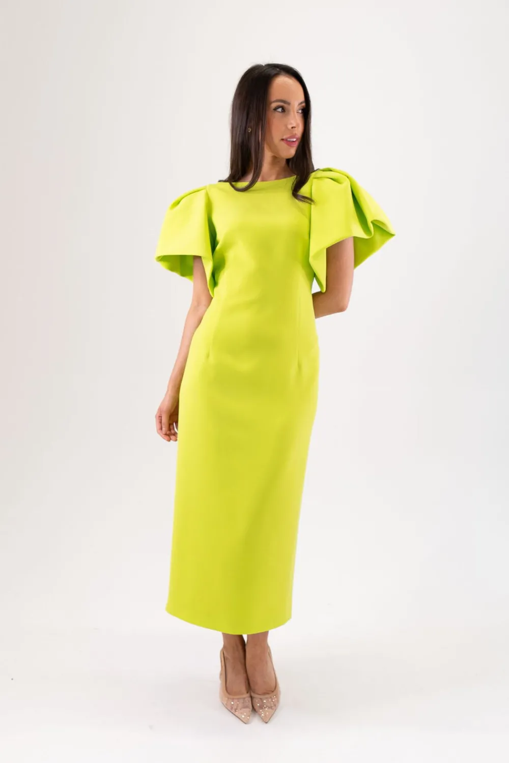 The Walk in Wardrobe Midi Dresses>Marissa Puff Shoulder Dress In Lime