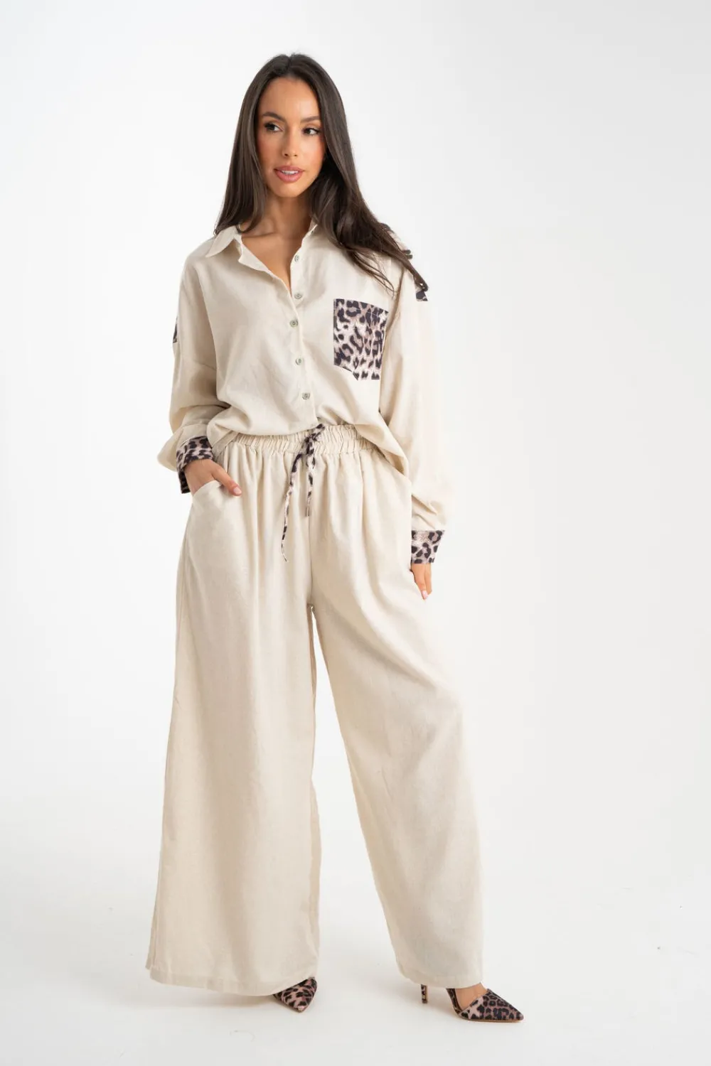 The Walk in Wardrobe Shirts>Millie Leopard Print Trim Shirt In Neutral