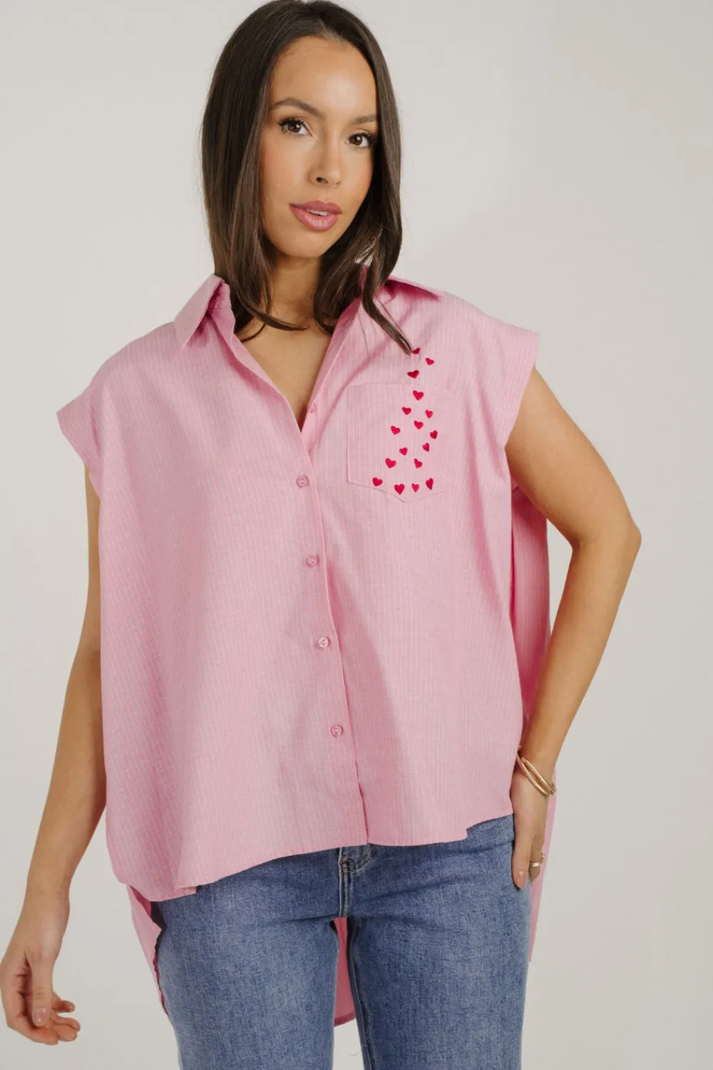 The Walk in Wardrobe Shirts>Millie Pinstripe Sleeveless Shirt In Pink