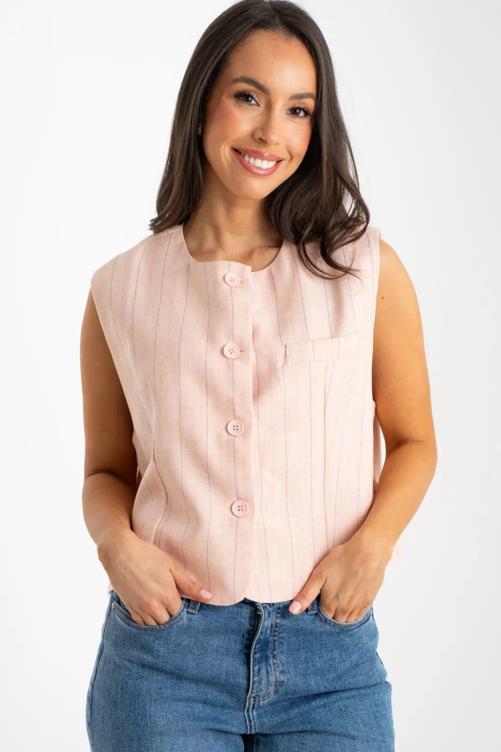 The Walk in Wardrobe Tops>Millie Pinstripe Waistcoat In Pink