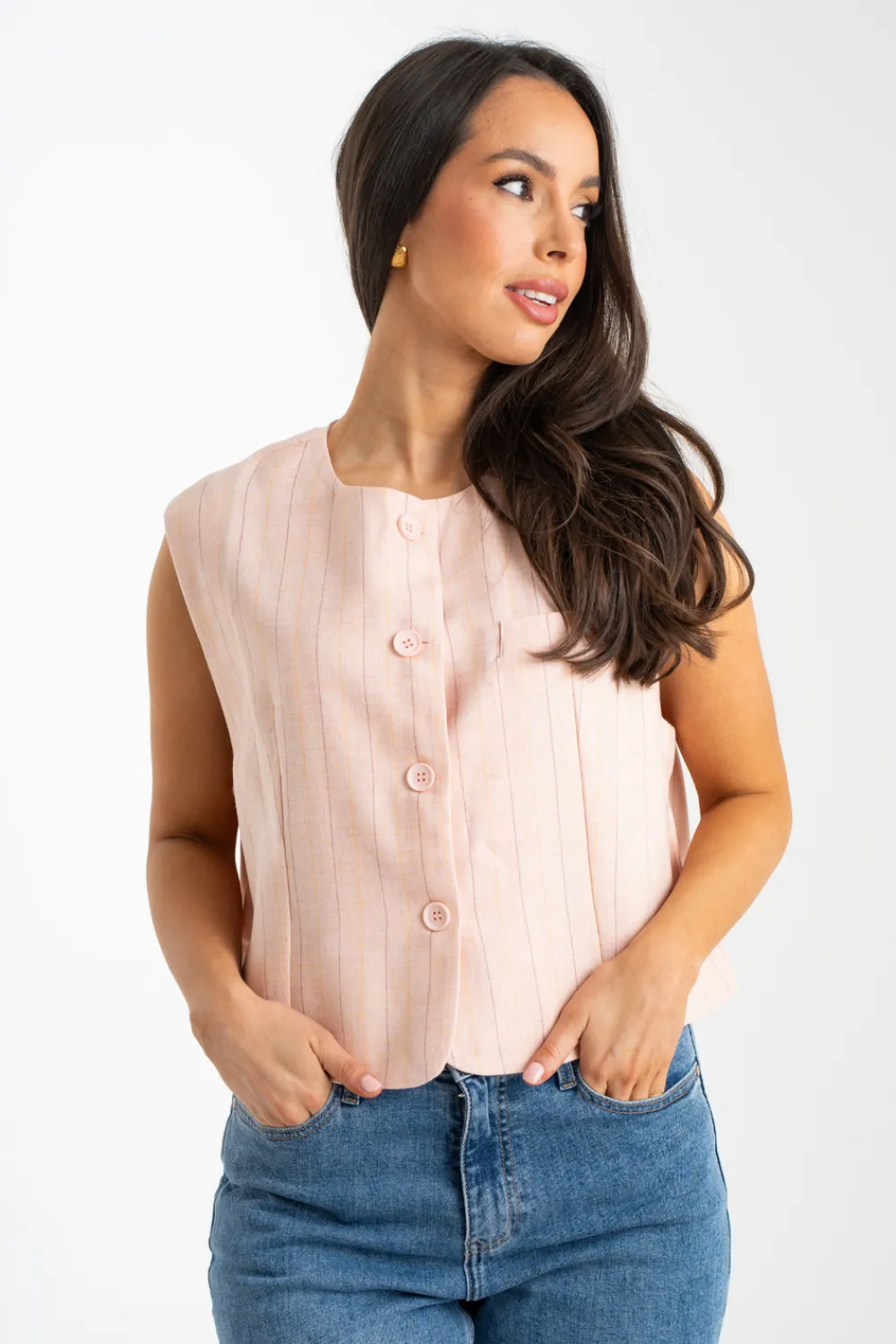 The Walk in Wardrobe Tops>Millie Pinstripe Waistcoat In Pink