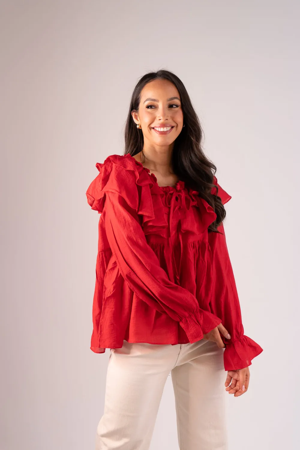 The Walk in Wardrobe Shirts>Paige Frill Detail Blouse In Red