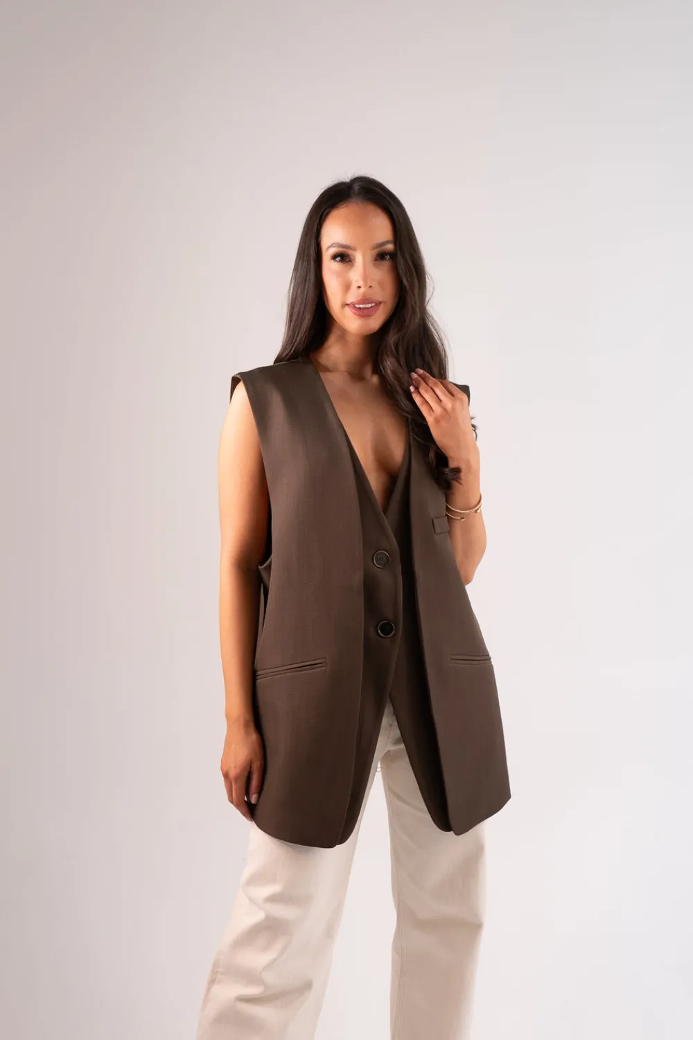 The Walk in Wardrobe Tops>Paige Longline Waistcoat In Chocolate