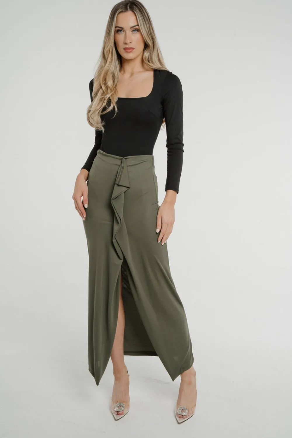 The Walk in Wardrobe Skirts & Skorts>Pia Frill Side Midi Skirt In Khaki