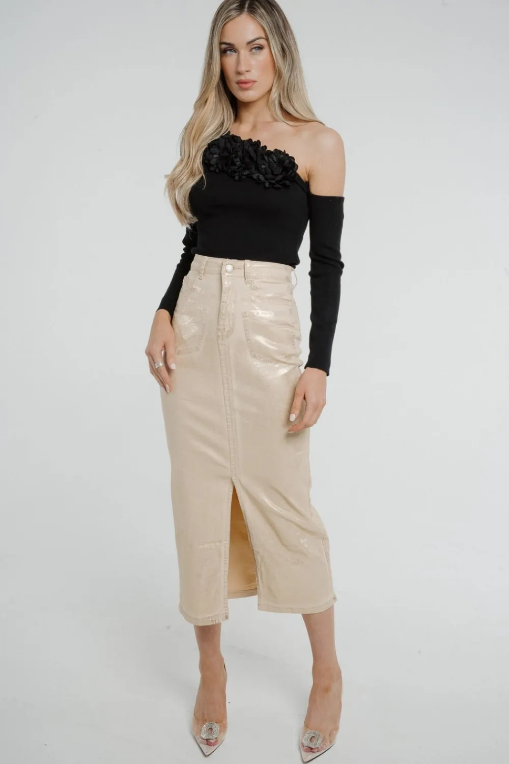 The Walk in Wardrobe Skirts & Skorts>Polly Metallic Denim Skirt In Gold