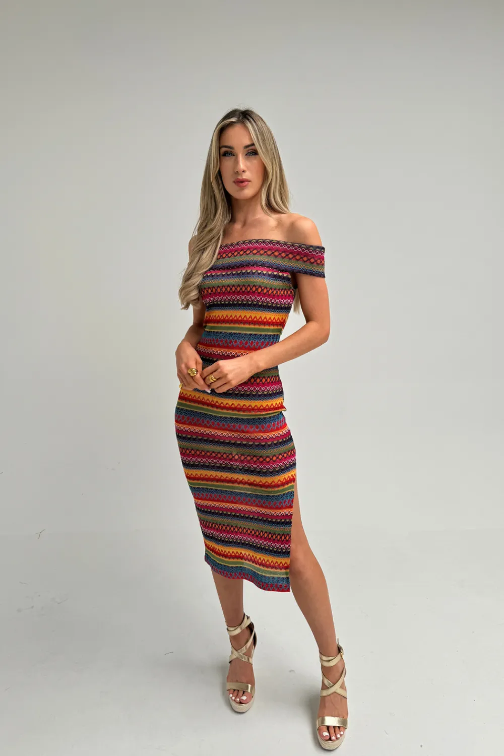 The Walk in Wardrobe Midi Dresses>Polly Off Shoulder Stripe Dress In Red Multi