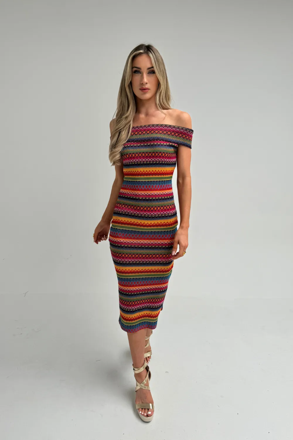 The Walk in Wardrobe Midi Dresses>Polly Off Shoulder Stripe Dress In Red Multi